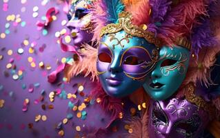 ai gegenereerd kleurrijk veren Aan een Purper achtergrond van carnaval maskers. foto