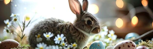 ai gegenereerd Pasen konijn en gekleurde eieren in de buurt voorjaar bloemen foto