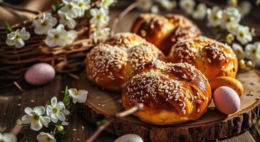 ai gegenereerd Pasen broodjes met Pasen eieren, broodjes en koekjes foto