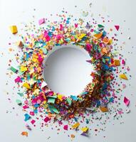 ai gegenereerd feestelijk confetti confetti confetti in een cirkel omringd door wit ruimte voor uw bericht. foto