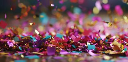 ai gegenereerd gekleurde confetti sporadisch confetti vallen Aan tafel foto