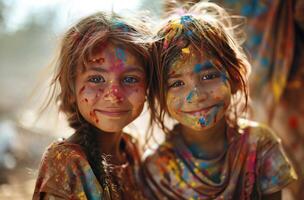 ai gegenereerd twee meisjes glimlachen en vervelend kleurrijk gepoederd verf. foto