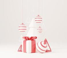 3D-kerstboom met rode geschenkdoos en bal witte achtergrond, xmas poster, webbanner. 3D render illustratie minimalistische stijl kerst en nieuwjaar concept foto
