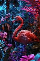 ai gegenereerd een roze flamingo in de oerwoud foto