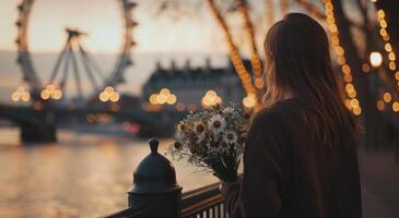 ai gegenereerd een meisje Holding bloemen Aan de traliewerk in de buurt Londen oog foto