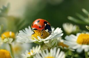 ai gegenereerd een lieveheersbeestje zittend Aan een bloem foto