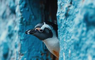 ai gegenereerd een klein pinguïn looks door een blauw muur foto