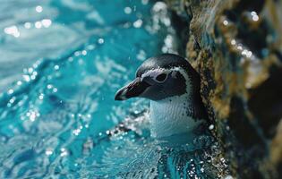 ai gegenereerd een klein pinguïn looks door een blauw muur foto