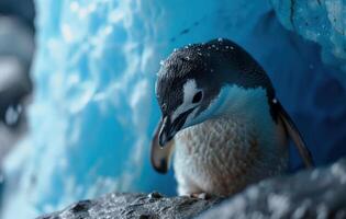 ai gegenereerd een klein pinguïn looks door een blauw muur foto