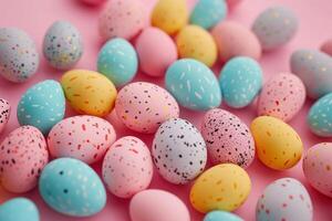 ai gegenereerd een arrangement van kleurrijk Pasen eieren Aan een roze achtergrond foto