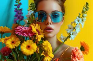 ai gegenereerd mooi meisje in zonnebril en een boeket van bloemen, met groot en kleurrijk zonnebril foto