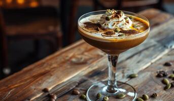 ai gegenereerd een espresso martini met geslagen room en pompoen zaden foto