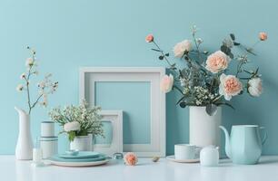 ai gegenereerd kader mockup met bloemen, dozen, platen, serviesgoed en tafel voor foto