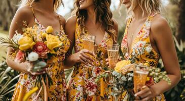 ai gegenereerd bruidsmeisjes Holding Champagne bril terwijl buiten met bloemen foto