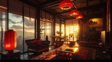 ai gegenereerd leven kamer met rood en rood Chinese lantaarns foto