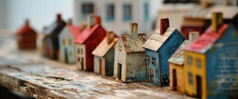 ai gegenereerd kleurrijk houten huis modellen Aan een houten tafel foto