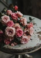 ai gegenereerd roze roos boeket Aan de kant van een tafel foto