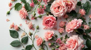 ai gegenereerd roze rozen met groen bladeren geregeld in een doos Aan wit foto