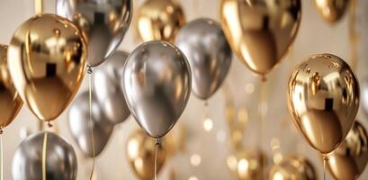 ai gegenereerd zilver en goud ballonnen drijvend over- een beige achtergrond foto