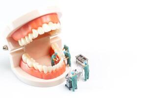 miniatuur mensen , tandarts repareren menselijk tanden met tandvlees en glazuur foto