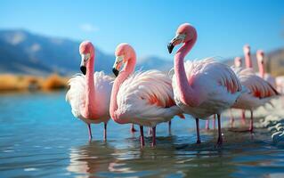 bevallig flamingo's in een sereen zout water oase foto