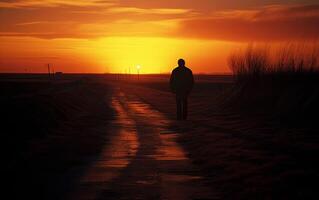 reis van eenzaamheid Mens wandelen in de zonsondergang foto