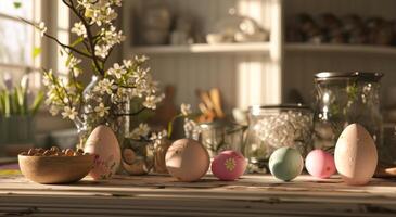 ai gegenereerd sommige kleurrijk Pasen eieren en bloemen zijn geregeld in een keuken foto