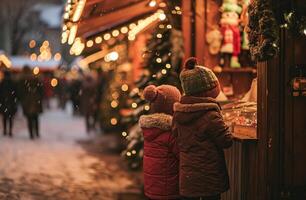 ai gegenereerd twee kinderen op zoek Bij een Kerstmis markt foto