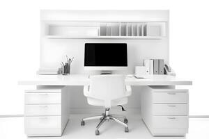 ai gegenereerd kantoor werkplaats bureau in voorkant van leeg stoel Aan wit achtergrond, neurale netwerk gegenereerd beeld foto