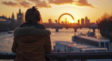 ai gegenereerd Valentijn persoon zittend Aan een het spoor op zoek Bij Londen oog en zonsondergang foto