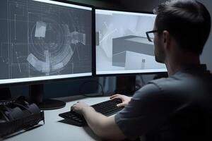 ai gegenereerd over- de schouder visie van een ingenieur werken met cad software gebruik makend van twee groot computer schermen, neurale netwerk gegenereerd fotorealistisch beeld foto