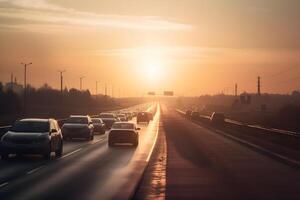 ai gegenereerd snelweg verkeer in zonsopkomst of zonsondergang, neurale netwerk gegenereerd fotorealistisch beeld foto