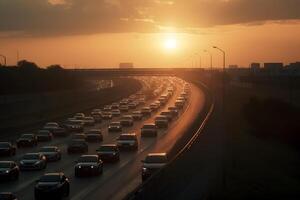 ai gegenereerd snelweg verkeer in zonsopkomst of zonsondergang, neurale netwerk gegenereerd fotorealistisch beeld foto