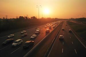 ai gegenereerd snelweg verkeer in zonsopkomst of zonsondergang, neurale netwerk gegenereerd fotorealistisch beeld foto