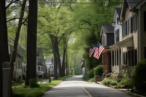 ai gegenereerd buurt. Verenigde Staten van Amerika vlag golvend Aan een stil hoofd straat met Amerikaans droom huizen, neurale netwerk gegenereerd fotorealistisch beeld foto