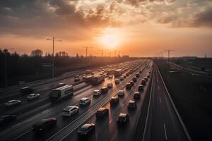 ai gegenereerd snelweg verkeer in zonsopkomst of zonsondergang, neurale netwerk gegenereerd fotorealistisch beeld foto