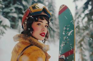 ai gegenereerd de vrouw is poseren in een met een snowboard foto