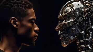 ai gegenereerd Afrikaanse Amerikaans Mens versus robot op zoek Bij elk ander, gezicht naar gezicht, kant visie, neurale netwerk gegenereerd beeld foto