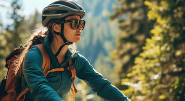 ai gegenereerd jong vrouw vervelend zonnebril terwijl Aan haar fiets foto