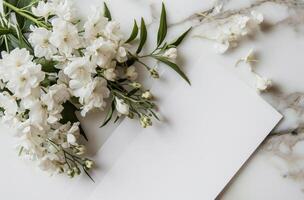 ai gegenereerd wit papier sjabloon en afbeeldingen van wit apsara bloemen Aan een wit tafel foto