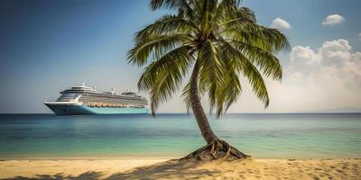 ai gegenereerd groot reis voering in de achtergrond met een palm boom Aan wit zand koraal strand, neurale netwerk gegenereerd fotorealistisch beeld foto