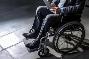 ai gegenereerd zakenman in een rolstoel Holding een tablet pc, neurale netwerk gegenereerd fotorealistisch beeld foto