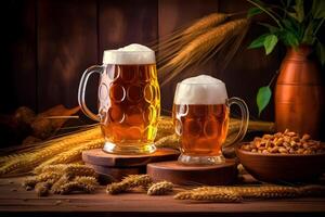 ai gegenereerd oktoberfeest bier bril vol van bier met tarwe Aan houten tafel, neurale netwerk gegenereerd fotorealistisch beeld foto