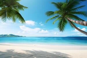 ai gegenereerd tropisch strand visie Bij zonnig dag met wit zand, turkoois water en palm boom, neurale netwerk gegenereerd beeld foto