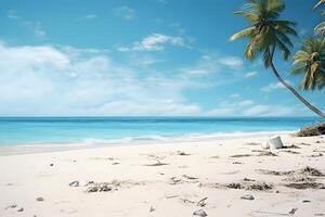 ai gegenereerd uitschot Aan tropisch strand visie Bij zonnig dag met wit zand, turkoois water en palm boom, neurale netwerk gegenereerd fotorealistisch beeld foto