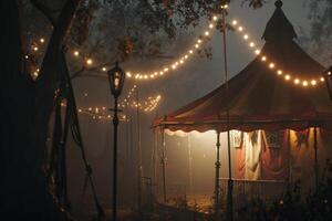 ai gegenereerd licht, verlichting en mist, statisch schot van een circus tent foto