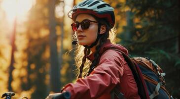 ai gegenereerd jong vrouw vervelend zonnebril terwijl Aan haar fiets foto