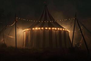 ai gegenereerd licht, verlichting en mist, statisch schot van een circus tent foto