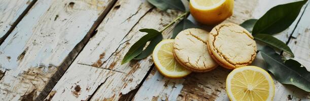 ai gegenereerd citroen koekjes en bladeren zijn geplaatst Aan een houten tafel foto