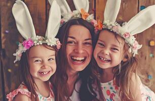 ai gegenereerd mam en twee weinig dochters genieten van Pasen met konijn hoeden Aan foto